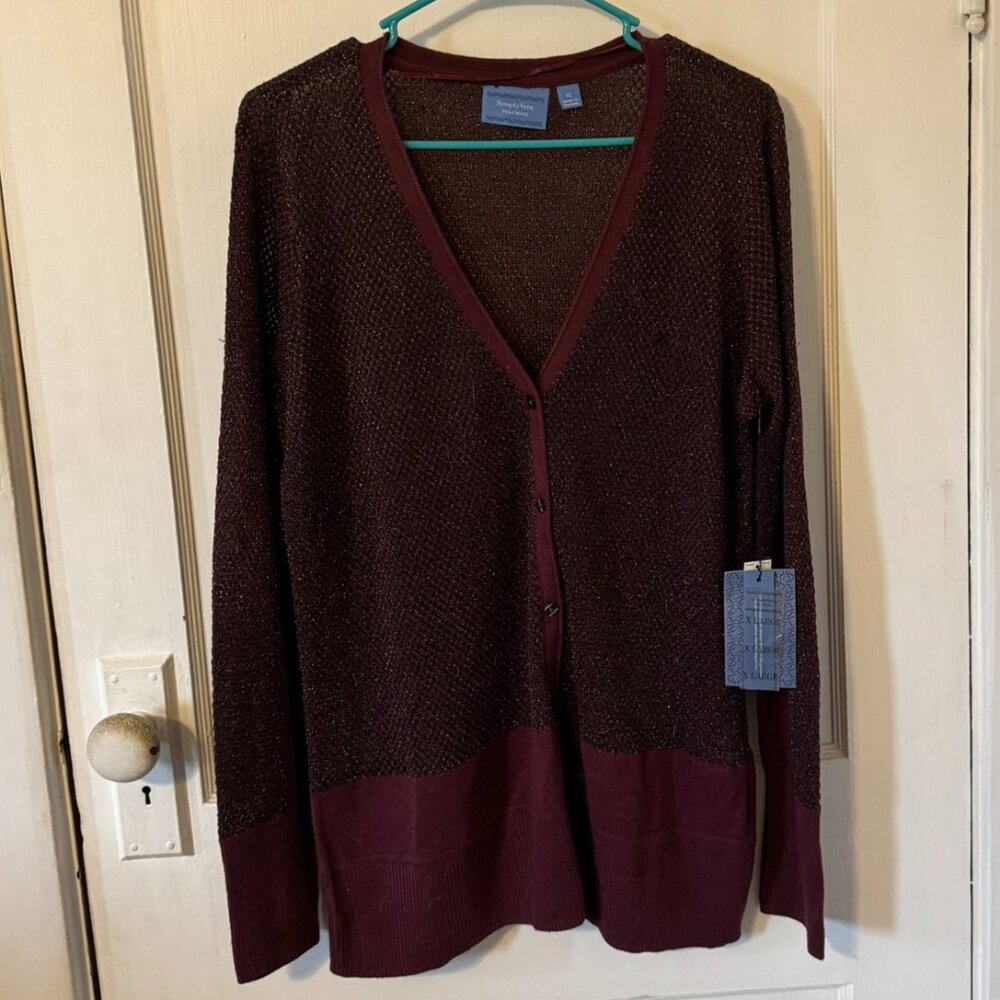 Simply by Vera Wang Burgandy and Black Cardigan with Gold Flecks.  Size XL; NWT.